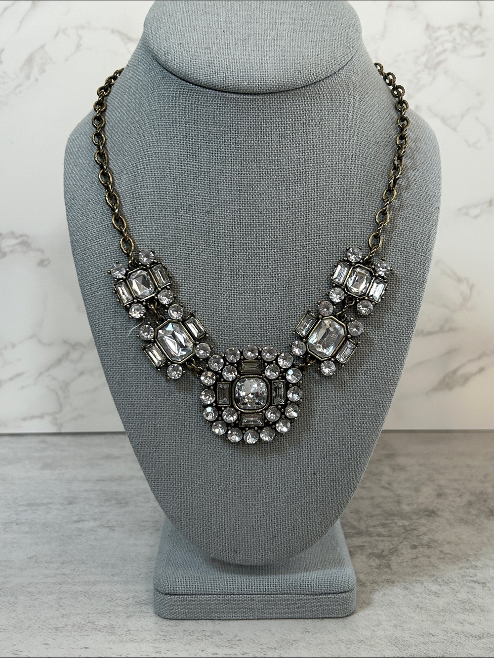 J. Crew Clear Crystal Bib Necklace with Antique Gold Chain